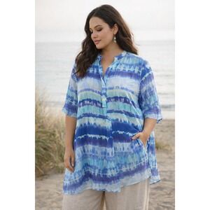 Chicos Women size‎ 3 Jillian Tie Dye Stripe Tunic Top Aria Aqua Blue 3/4 Sleeve